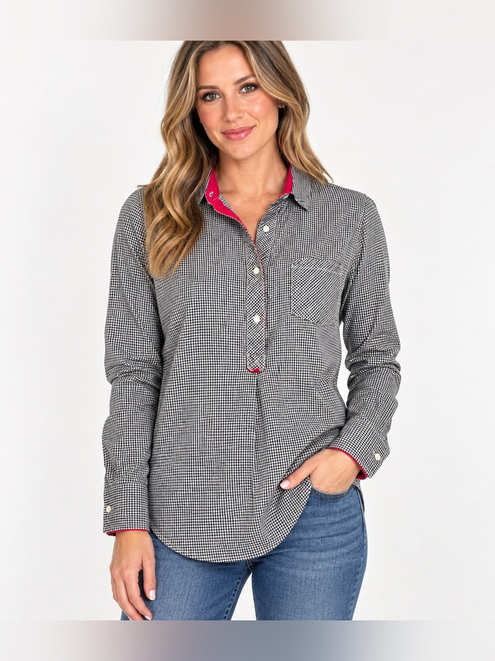 Victoria’s Secret Women’s Small Gingham Check Pullover Button Shirt Pink Trim